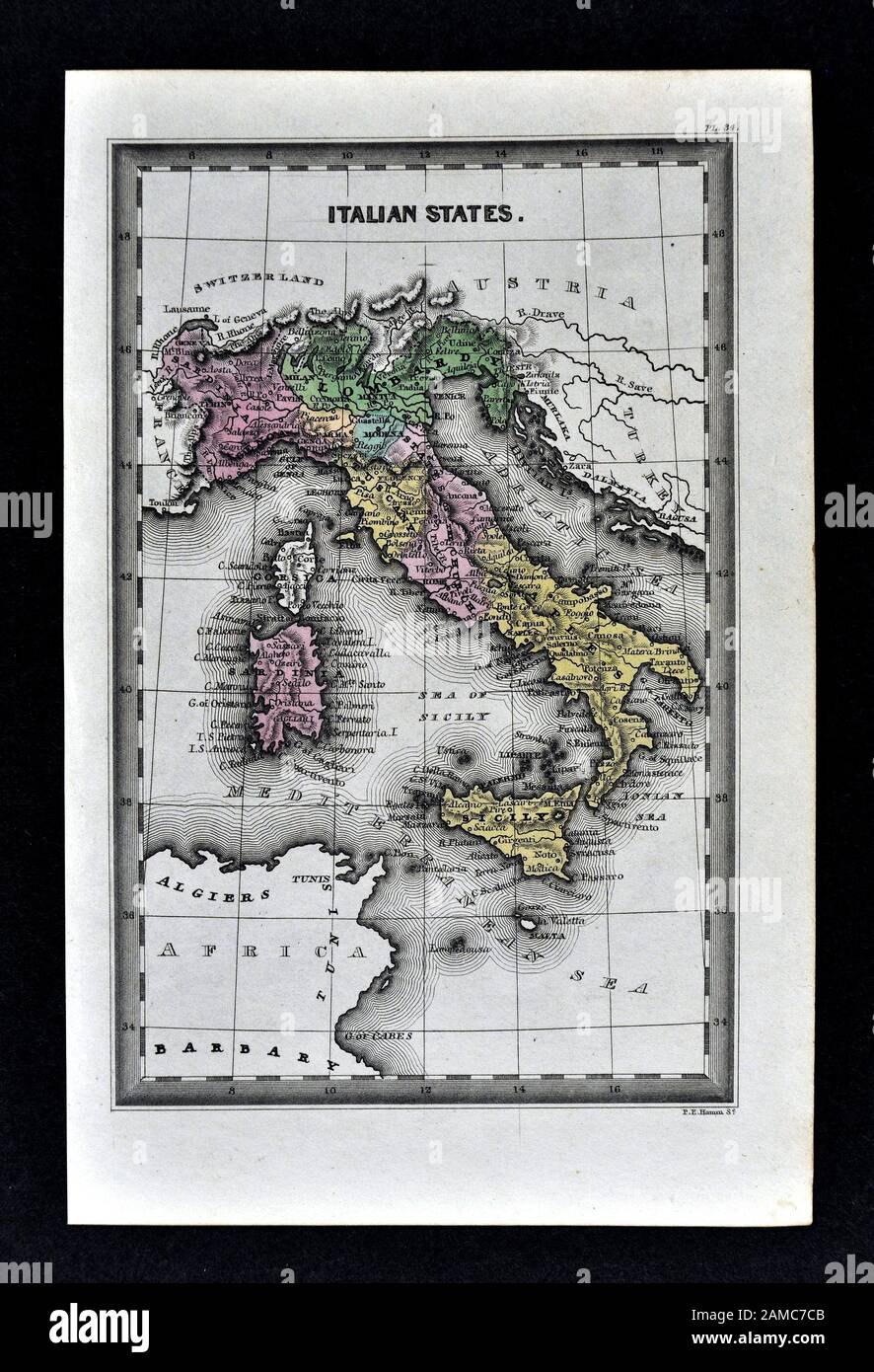 1834 Carey Karte von Italien Rom Florenz Venedig Neapel Sizilien Stockfoto