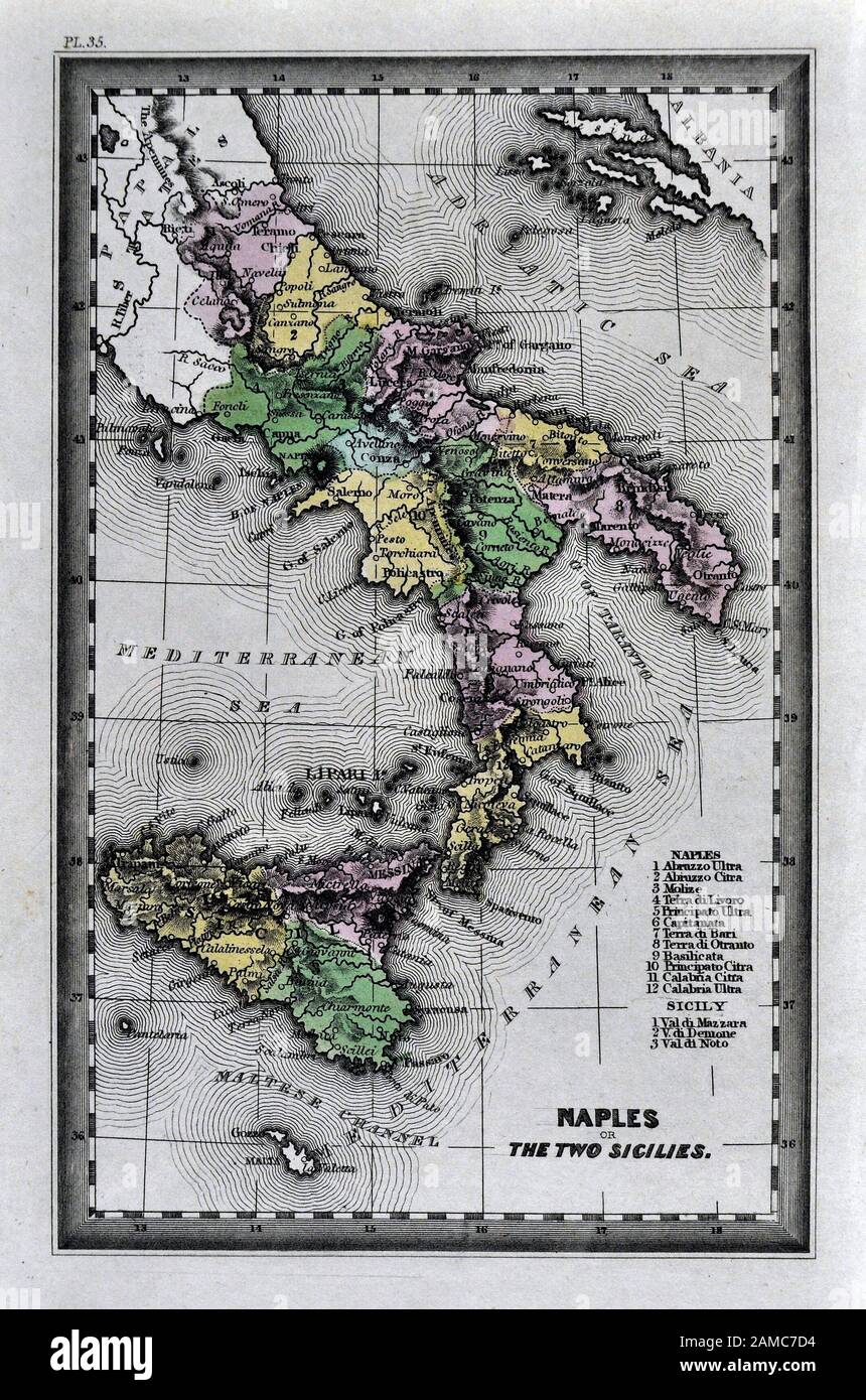 1834 Carey Karte von Süd Italien Neapel Sizilien Palermo Syrakus Mesina Stockfoto