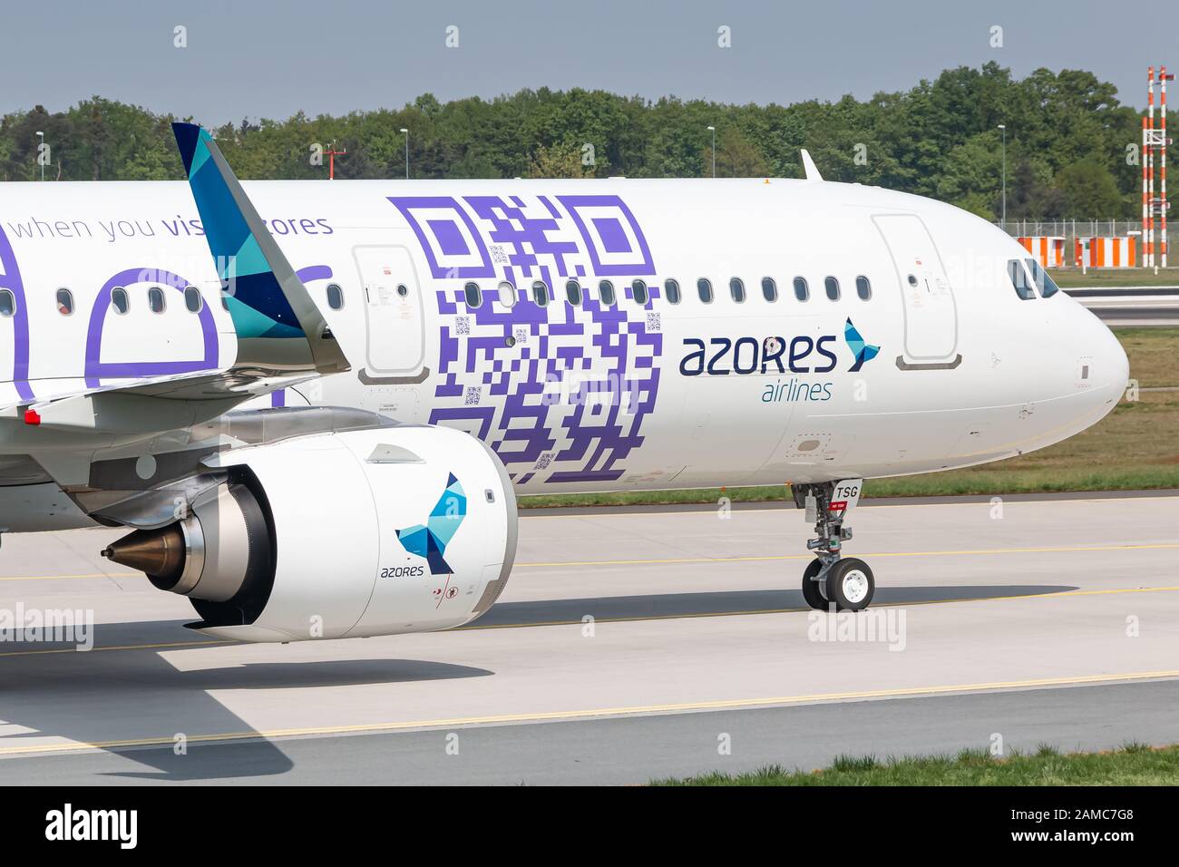 Frankfurt, Deutschland - 22. April 2018: Azores Airlines Airbus A321 Neo Flugzeug am Frankfurter Flughafen (FRA) in Deutschland. Airbus ist ein Flugzeughersteller Stockfoto