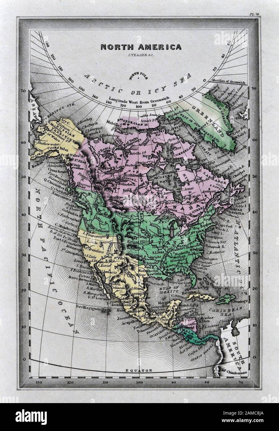 1834 Carey Karte von Nordamerika, die Vereinigten Staaten von Amerika Mexiko Kanada und Russland Alaska Gebiet Stockfoto