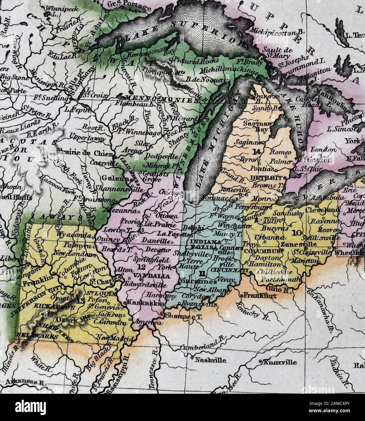 1834 Carey Karte Usa Nordosten und Mittleren Westen der Staaten einschließlich Maine Massachusetts, Connecticut, Pennsylvania, Ohio, Indiana, Illinois, Missouri Michigan New York Stockfoto