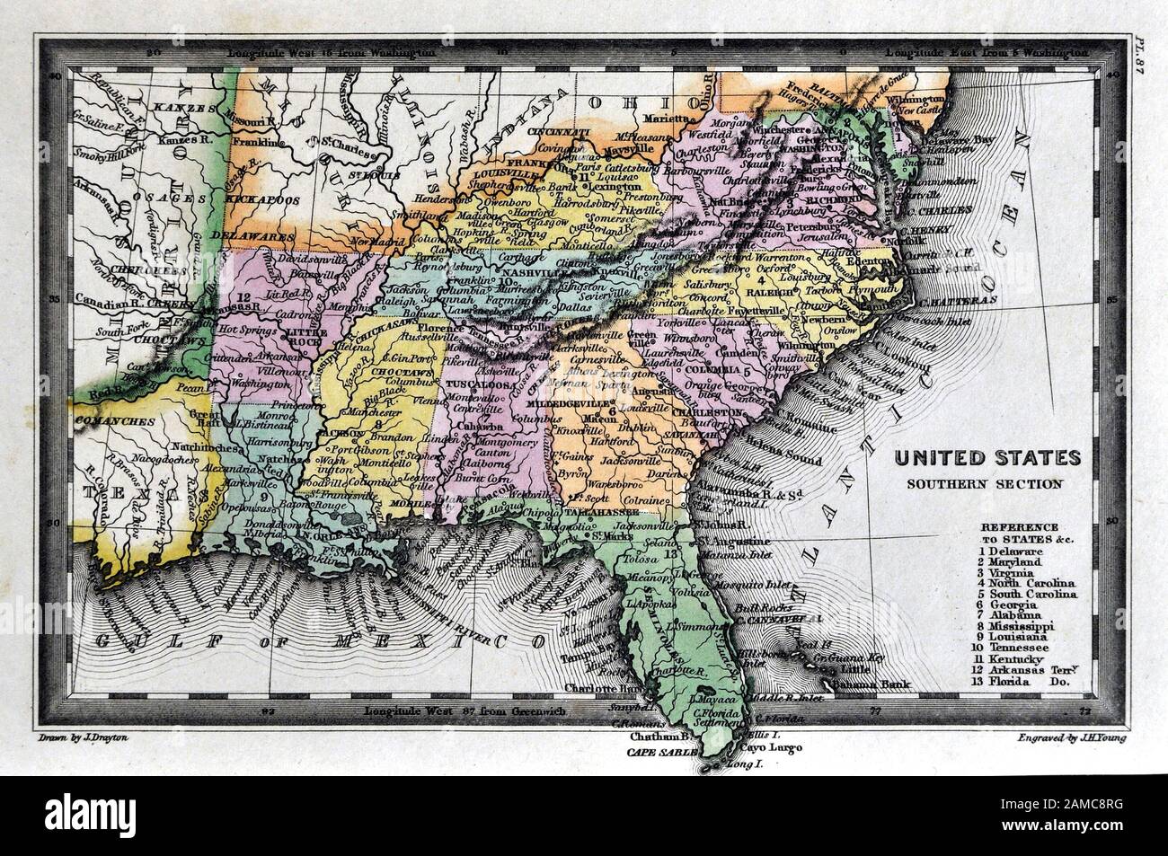 1834 Carey Karte Vereinigte Staaten von Amerika Südstaaten einschließlich Virginia Alabama Georgia Louisiana Mississippi Arkansas, Tennessee Kentucky North und South Carolina Stockfoto