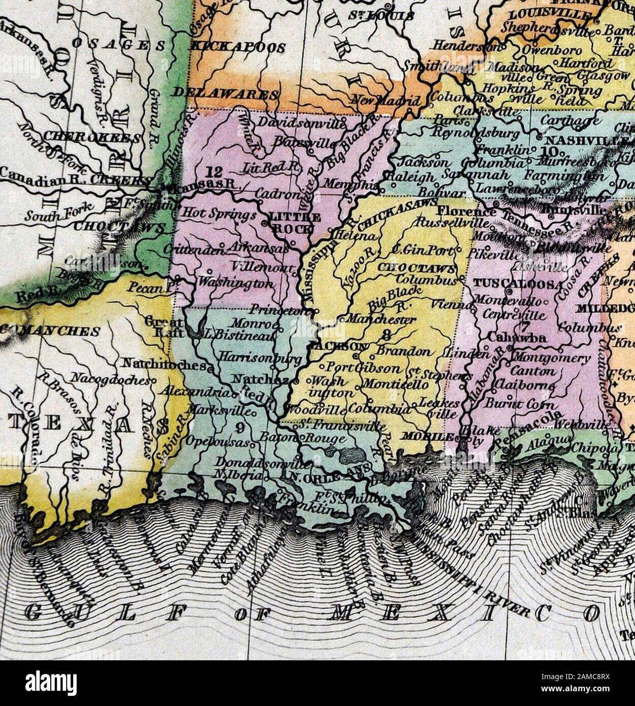 1834 Carey Karte Vereinigte Staaten von Amerika Südstaaten einschließlich Virginia Alabama Georgia Louisiana Mississippi Arkansas, Tennessee Kentucky North und South Carolina Stockfoto