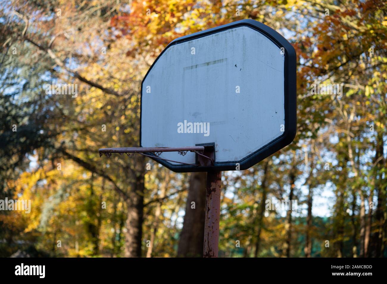 Abgenutzt, Basketballkorb in die Wälder gegen treibt und blauer Himmel Stockfoto