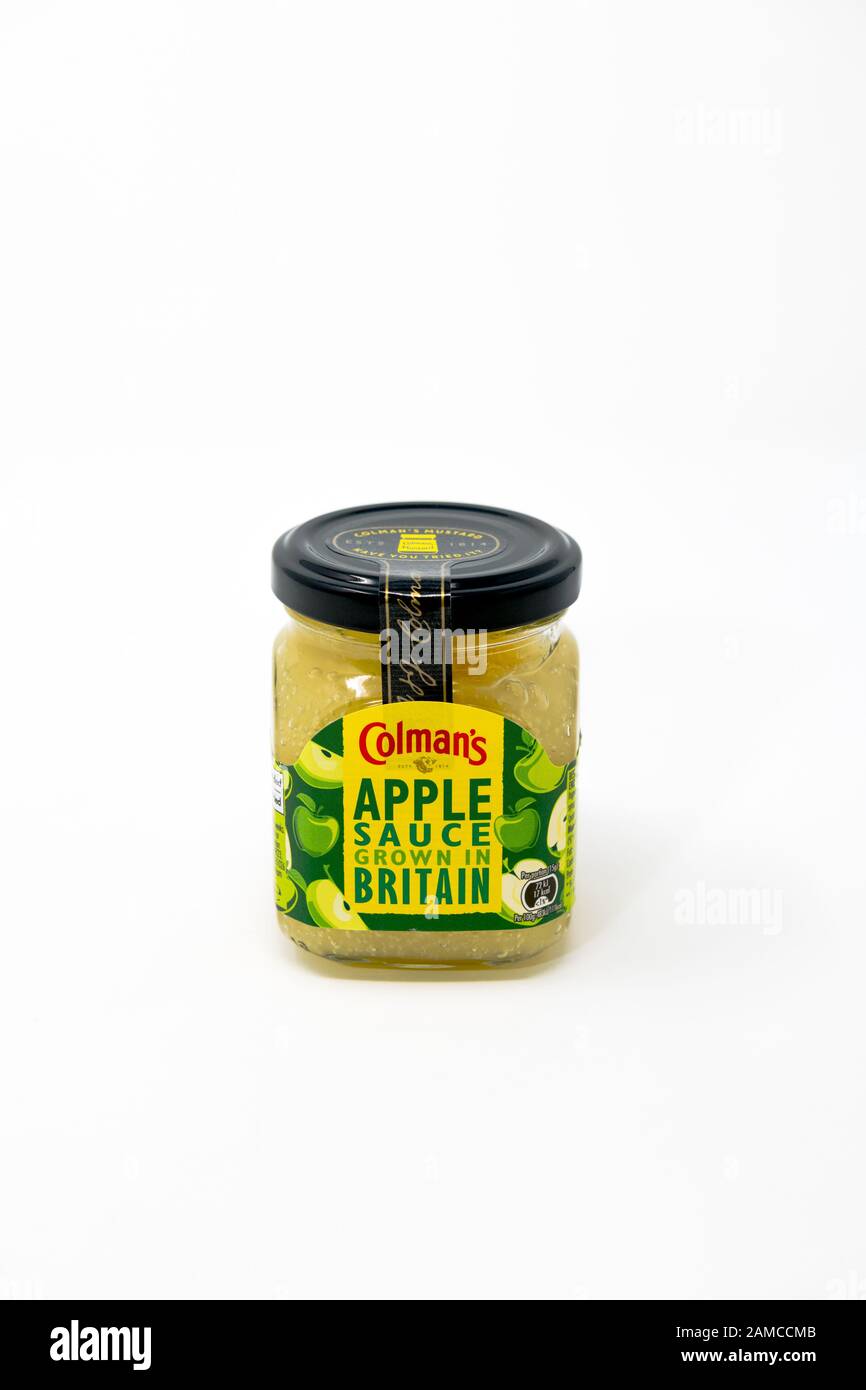 Glasbecher aus Colmans Apfelsoße. Stockfoto