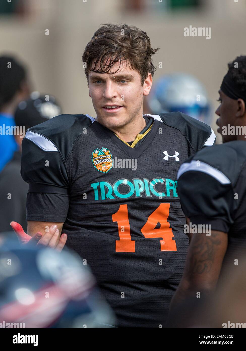 DeLand, FL, USA. Januar 2020. Nationalmannschafts-Quarterback Tom Flacco (14) während College Football All Star Game im SPIRAL Tropical Bowl zwischen American (White) und National (Black0 im Spec Martin Stadium in DeLand, Fl. Romeo T Guzman/CSM/Alamy Live News Stockfoto