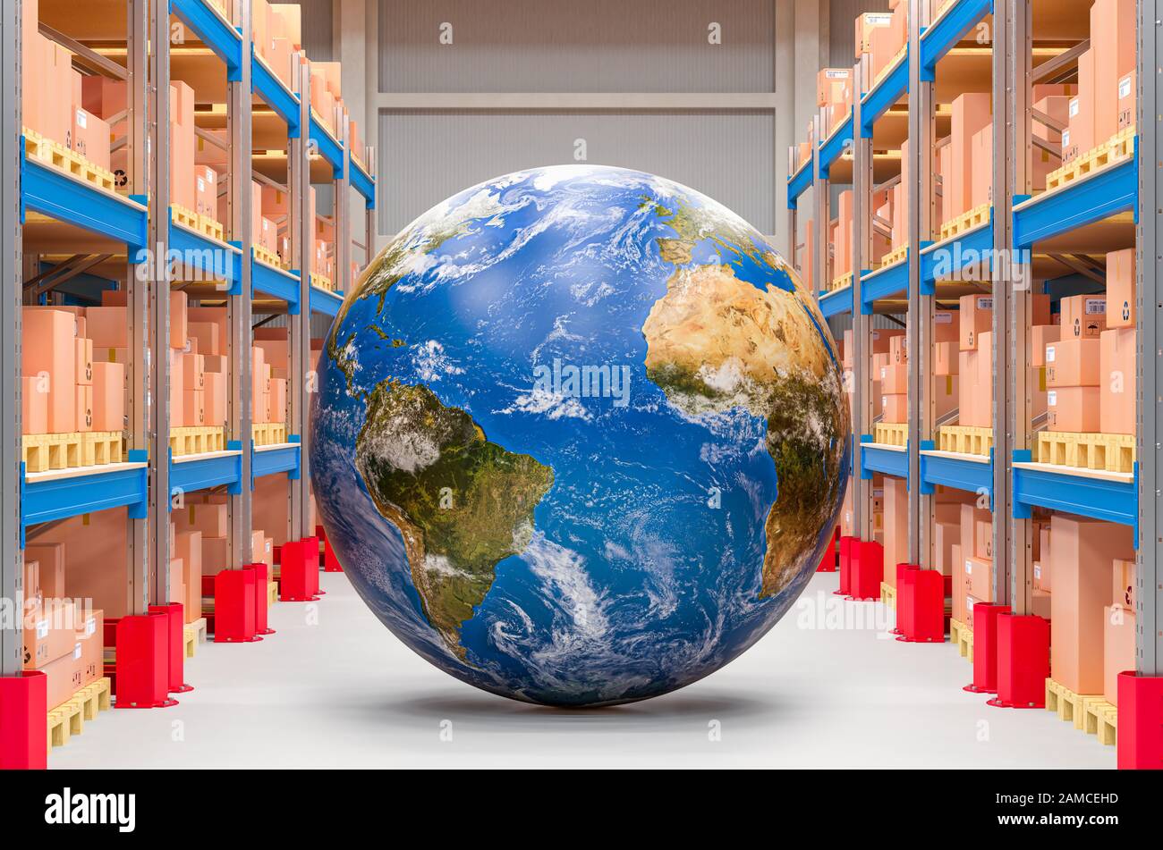 Globales Liefer- und Versandkonzept, Earth Globe im Lager. 3D-Rendering Stockfoto