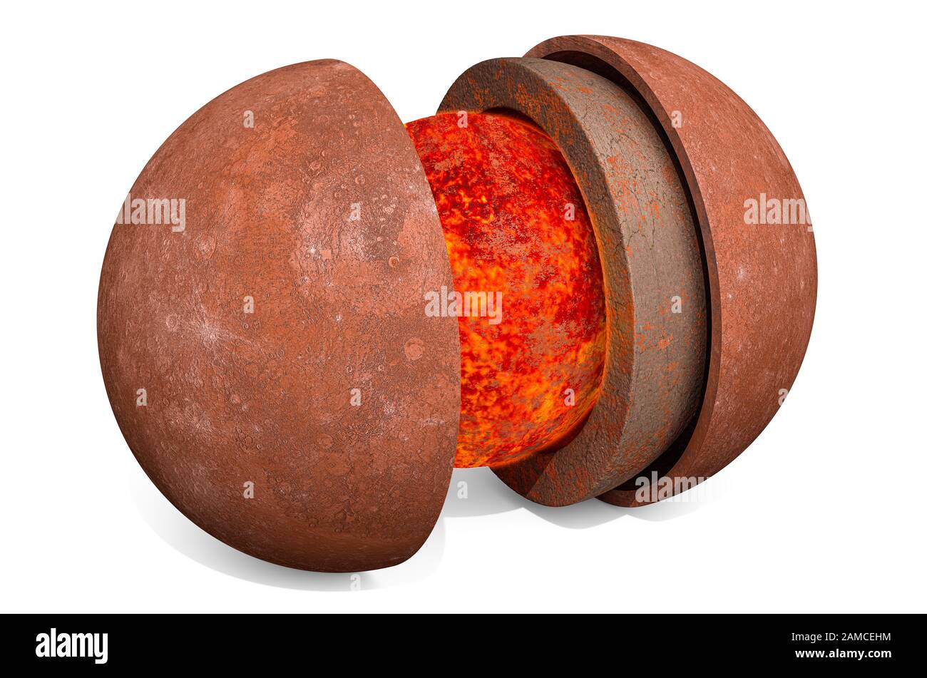 Struktur des Planet-Mercury-Konzepts, 3D-Rendering isoliert auf weißem Hintergrund Stockfoto