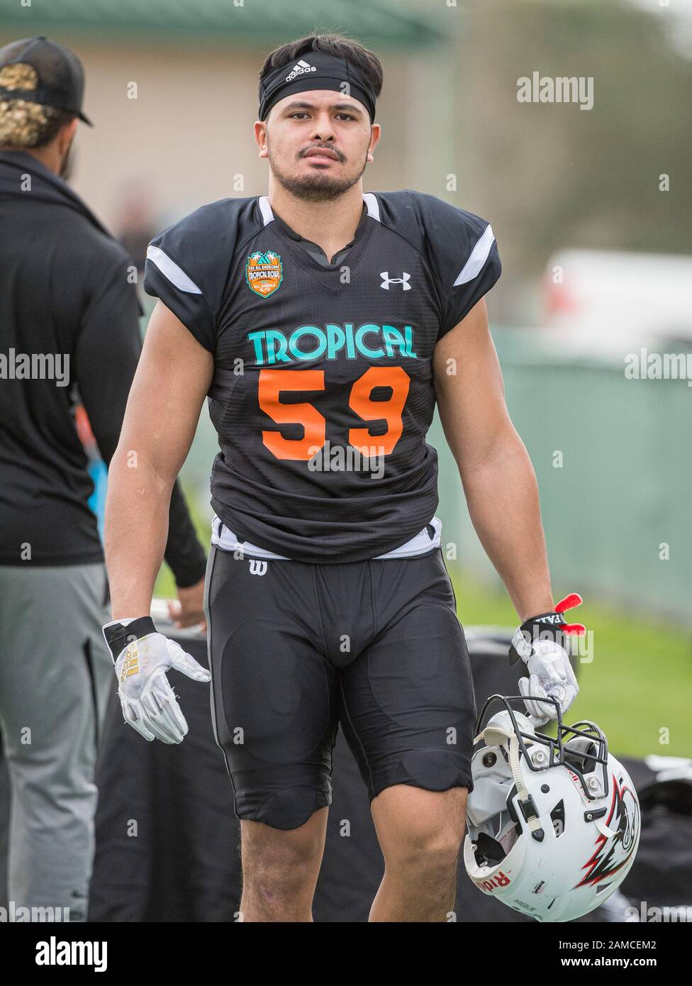 DeLand, FL, USA. Januar 2020. Defensive End der Nationalmannschaft Jedadiah Lulu (59) während des College Football All Star Spiels im SPIRAL Tropical Bowl zwischen American (White) und National (Black0 im Spec Martin Stadium in DeLand, Fl. Romeo T Guzman/CSM/Alamy Live News Stockfoto