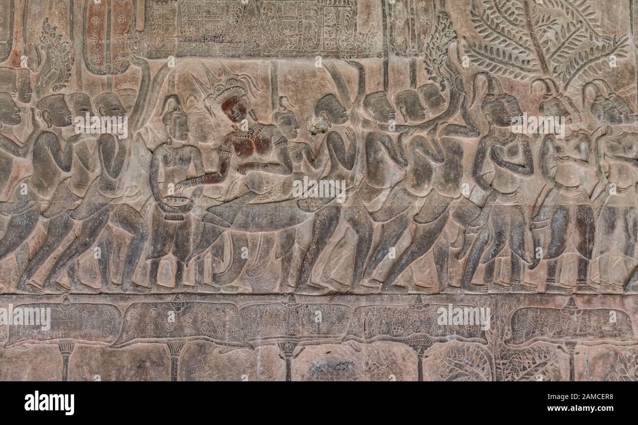 Detailgetreue Aufnahmen der Reliefe im Tempel Angkor Wat, Kambodscha Stockfoto