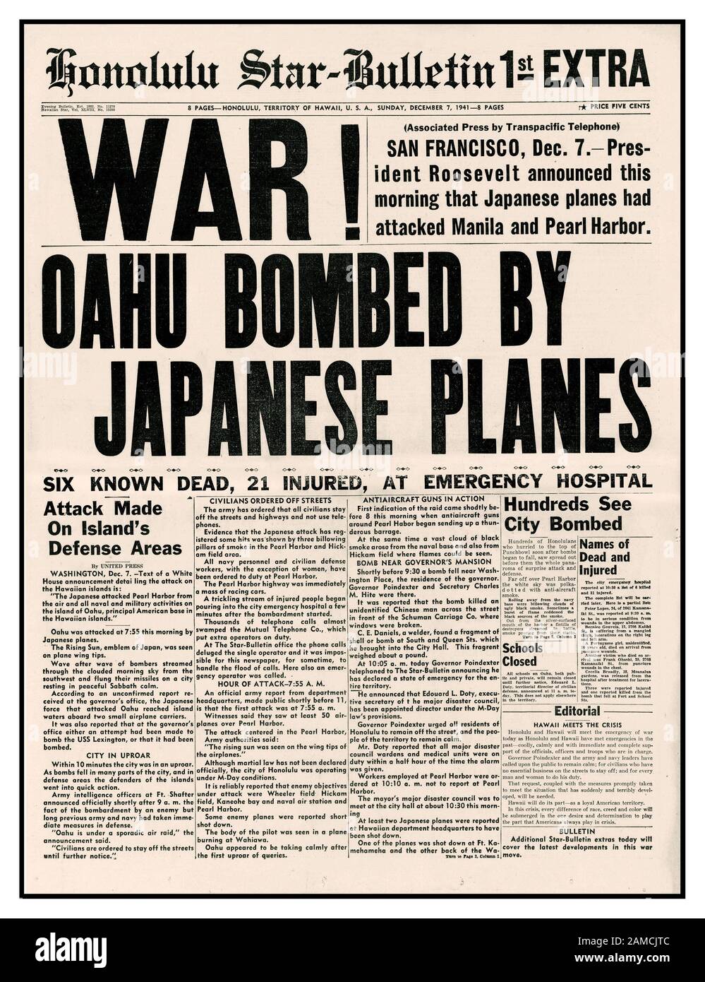 PEARL HARBOUR ATTACK OAHU Vintage Pearl Harbor Schlagzeilen 7. Dezember 1941 Überraschung Japanische Bombardierung von Pearl Harbor Zeitung Schlagzeile von Honolulu Star Bullentin “KRIEG! Oahu bombardiert von japanischen Flugzeugen“ Sonntag, den 7. Dezember 1941 Beginn des Zweiten Weltkriegs zwischen dem imperialen Japan und den USA Stockfoto