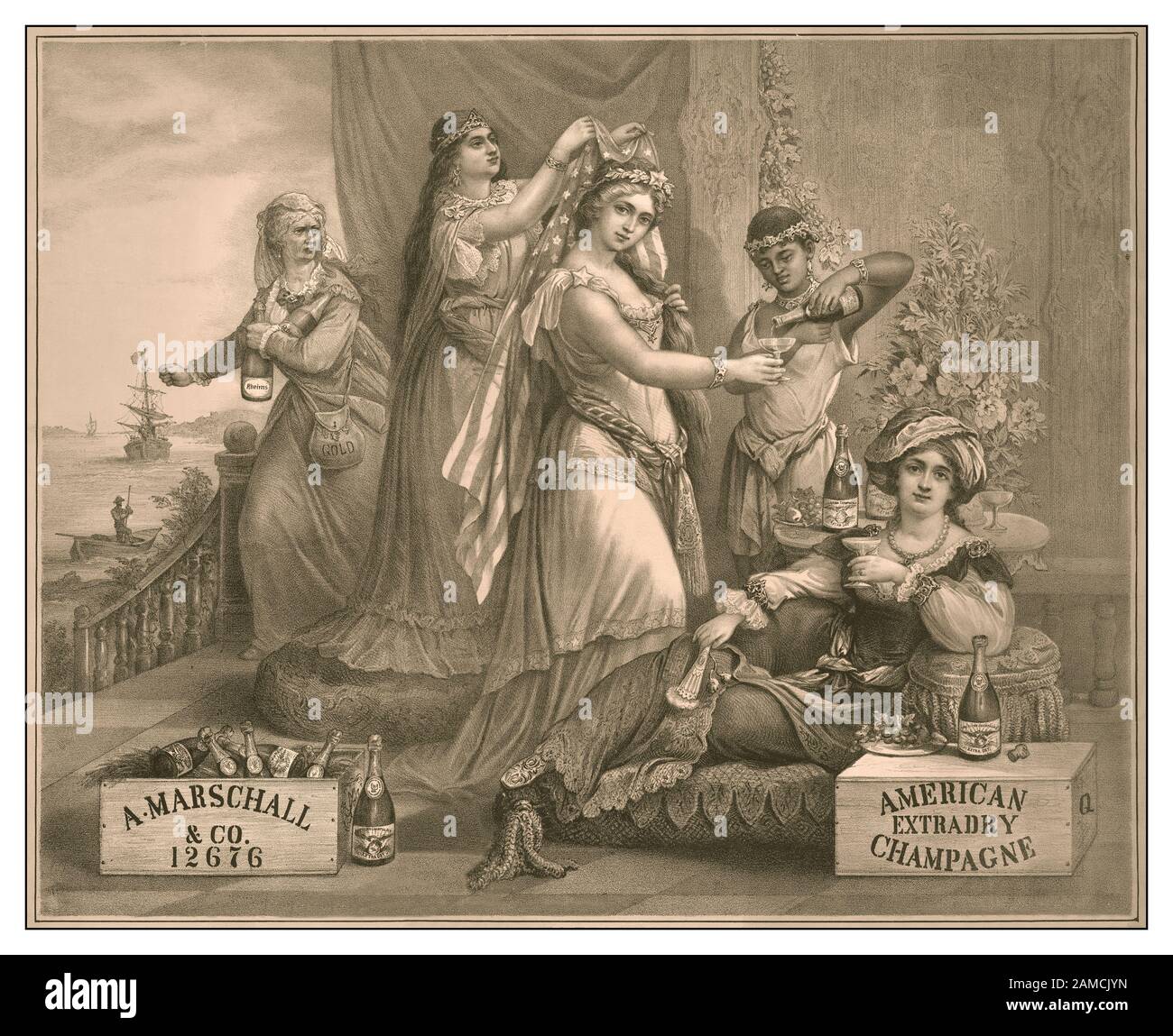 Reklame für American Dry Champagne A. Marschall & Co. American Extra Dry Champagner / National Bureau of Gravur, Philadelphia. Allegorische lithograph von 1880...Columbia mit Champagnerglas, das in der amerikanischen Flagge drapiert wurde, war sie die weibliche Personifikation der Vereinigten Staaten. Die französin verängstelt die Champagnerflasche von Reims und nimmt sie mit dem französischen Boot im Hafen ab Stockfoto