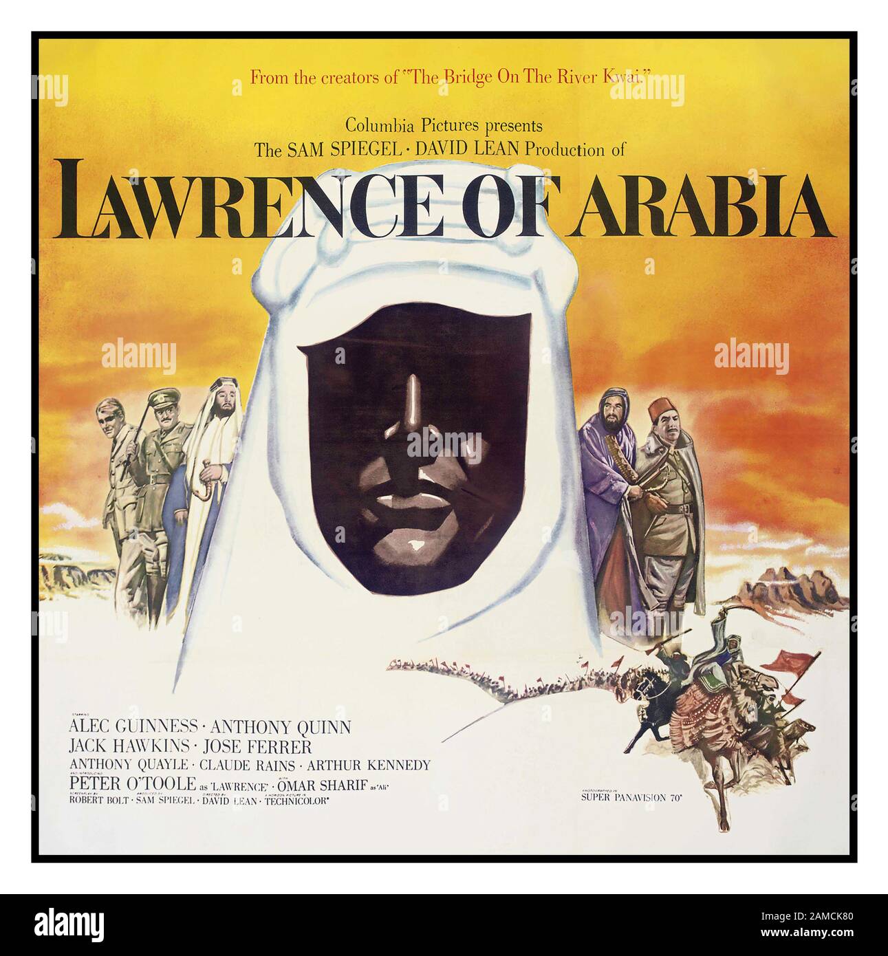 Vintage 'Lawrence Von Arabien Poster 1962, Columbia Pictures USA. Filmposter der 1960er Jahre Mit Peter O'Toole, Alec Guiness, Anthony Quinn, Jack Hawkins, Jose Ferrer, Omar Sharif, Produziert von Sam Spiegel David Lean Stockfoto