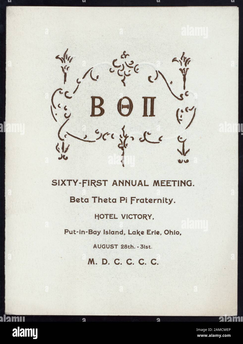 EINUNDSECHZIGSTE JAHRESTAGUNG (VERANSTALTET VON) BETA THETA PI BRUDERSCHAFT (AT) HOTELSIEG; PUT-IN-BAY ISLAND, LAKE ERIE, OH (HOTEL;) GOLD EMBOSSING UND GRIECHISCHE BRUDERSCHAFT BRIEFE; SECHZIGSTES JÄHRLICHES TREFFEN [VERANSTALTET VON] BETA THETA PI BRUDERSCHAFT [AT] HOTELSIEG; PUT-IN-BAY ISLAND, LAKE ERIE, OH (HOTEL;) Stockfoto