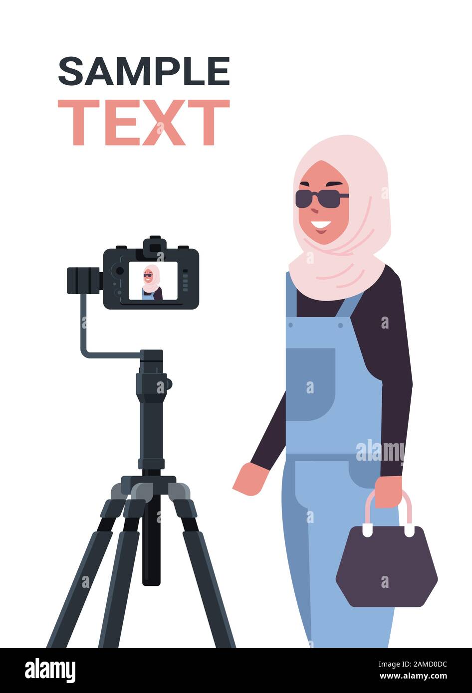 Arabic Woman Blogger Aufnahme Video-Blog mit Digitalkamera auf Stativ Live-Streaming Social Media Blogging Konzept Porträt vertikale Kopie Raum Vektor Illustration Stock Vektor