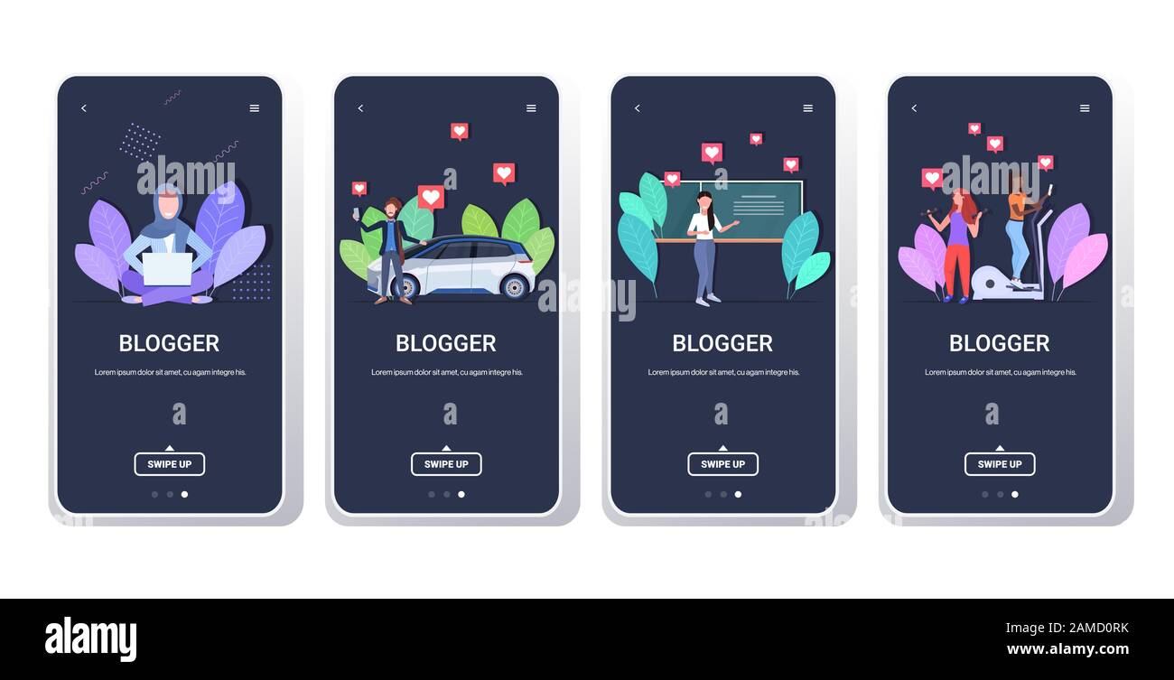 Einstellen von Bloggern, die Online-Video-vlogger aufnehmen Live-Streaming übertragen soziale Medien Netzwerk Blogging Konzept Smartphone-Screens Sammlung horizontale Vektorgrafiken Stock Vektor