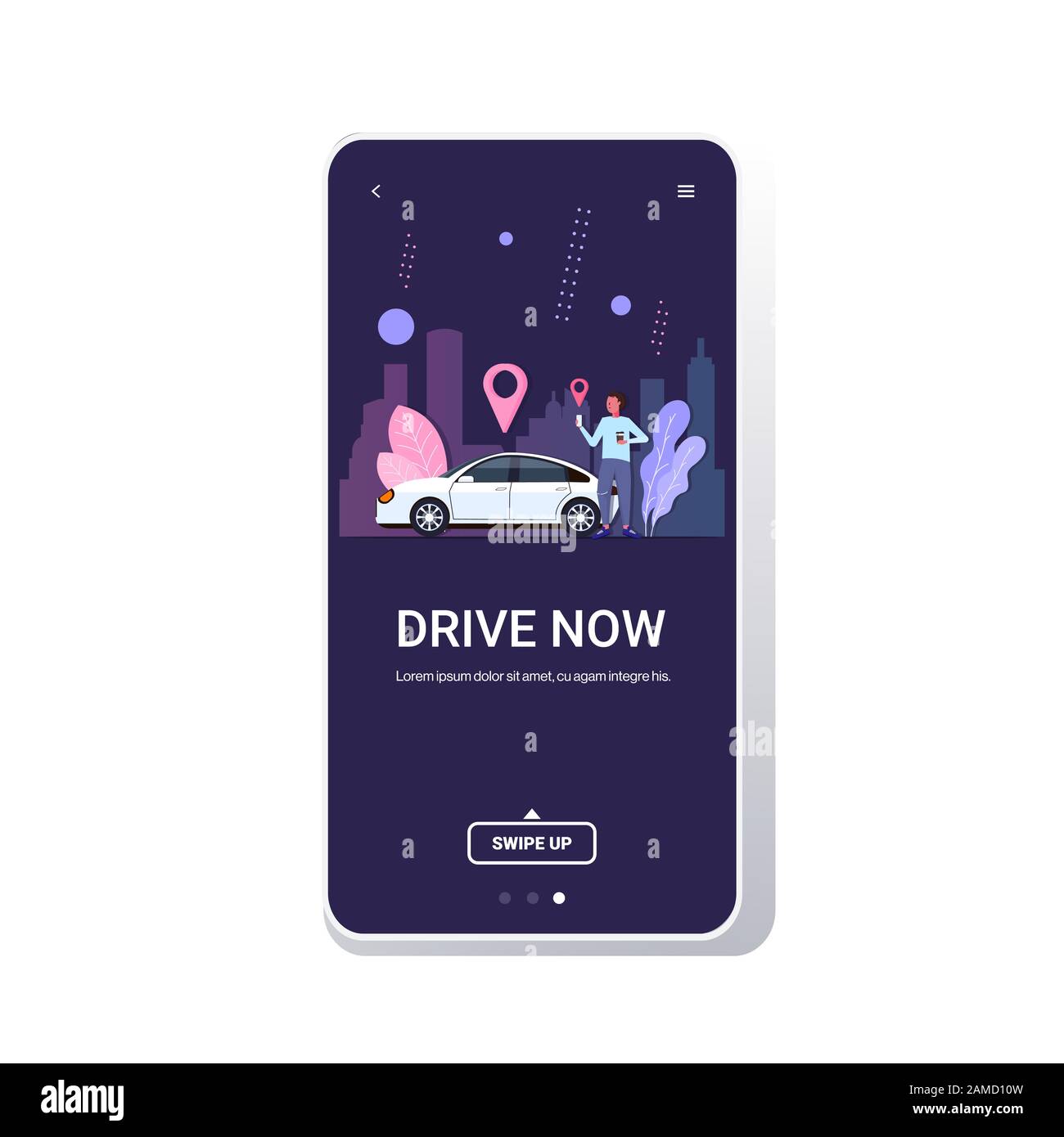 Mann mit mobiler App online Taxi bestellen Auto teilen Transport jetzt fahren Konzept Standort Geo Tags Stadtbild Hintergrund Smartphone Bildschirm volle Länge Kopie Raum Vektor Illustration Stock Vektor