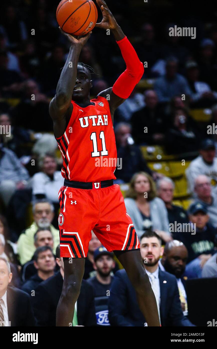 12. Januar 2020: Utah Utes Guard Both Gach (11) schießt drei im Basketballspiel der Männer zwischen Colorado und Utah im Coors Events Center in Boulder, CO. Colorado, in der ersten Hälfte auf einen 26-7-Vorsprung. Derek Regensburger/CSM. Stockfoto