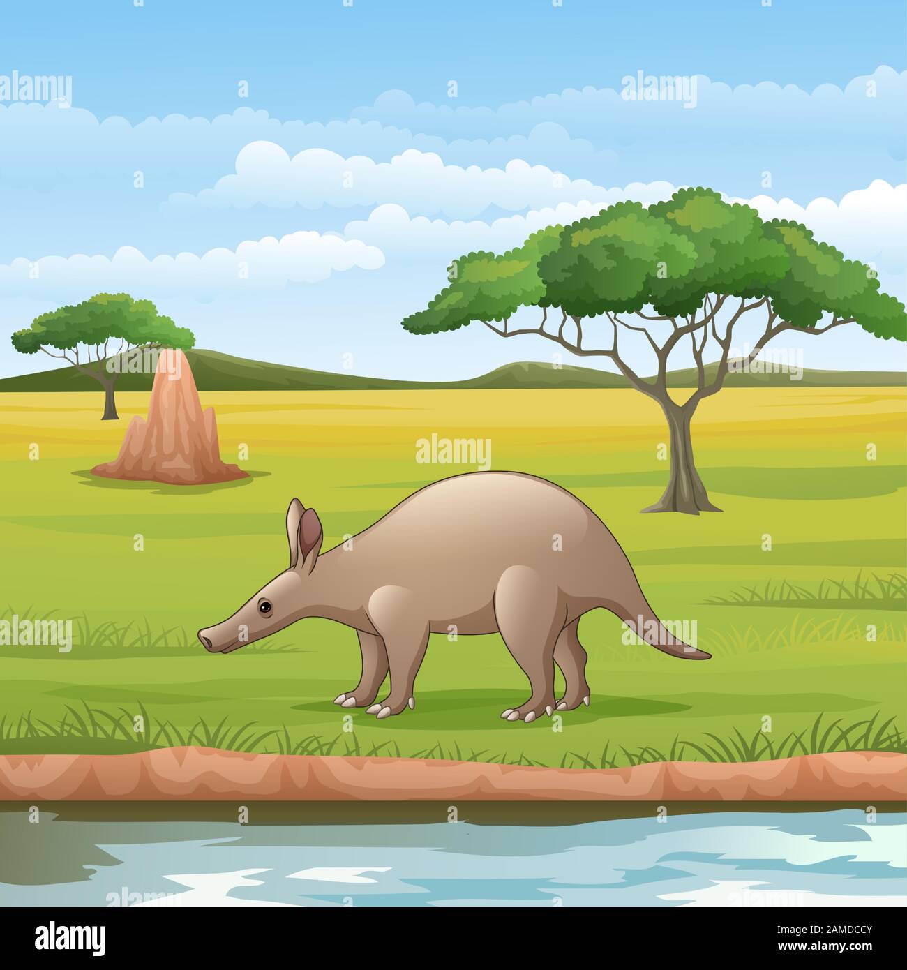 Cartoon Aardvark in der Savanne Stock Vektor