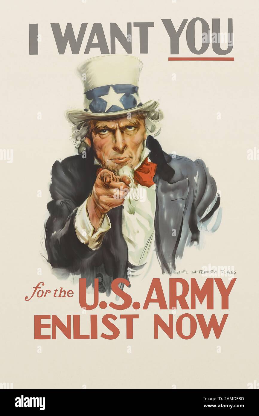 Vintage-Poster Vereinigte Staaten von Amerika Onkel Sam Maskottchen klassisches Kriegs-Armee-Rekrutierungs-Poster und Nachrichten Ich will dich jetzt für die US-Armee-Enlist Stockfoto