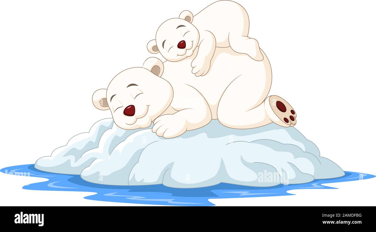 Cartoon-Mutter und Baby Eisbär schlafen auf Eisscholle Stock Vektor