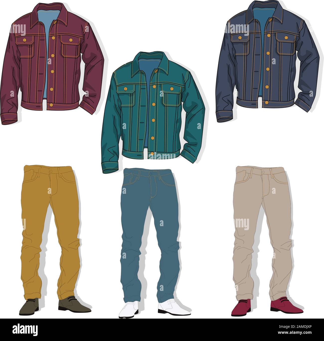 Jeansbekleidung auf weißem Hintergrund isoliert. Vektorgrafiken. Stock Vektor