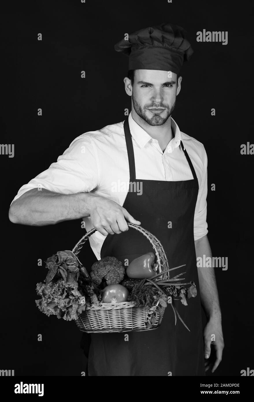 Der Koch in der burgunderroten Schürze und dem Hut hält Salat, Pfeffer, Tomate, Gurke und Chili. Gesundes Lebensmittelkonzept. Mann mit Bart auf schwarzem Hintergrund. Koch mit brutalem Gesicht hält Vegane in den Korb. Stockfoto