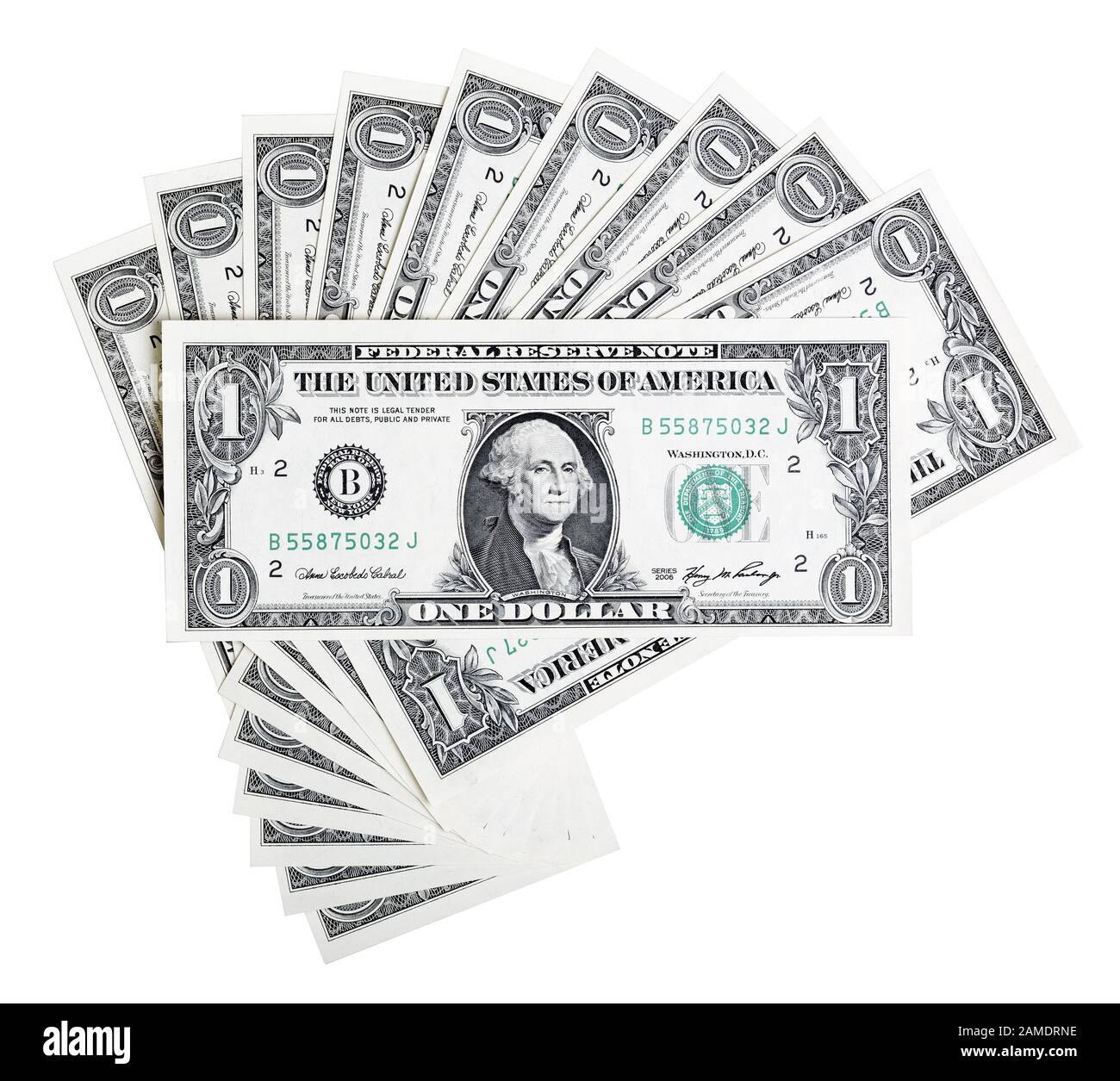 Eine US-Dollar-Banknotenrechnung auf Weiß. Abstrakte Komposition. Stockfoto