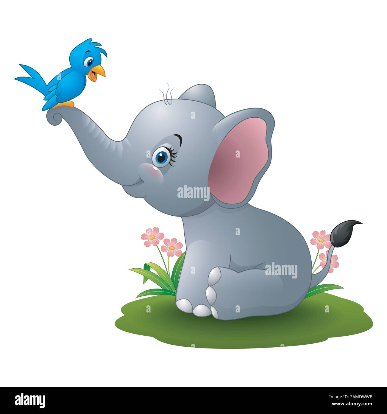 Cartoon Baby Elefant spielt mit Blue Bird Stock Vektor