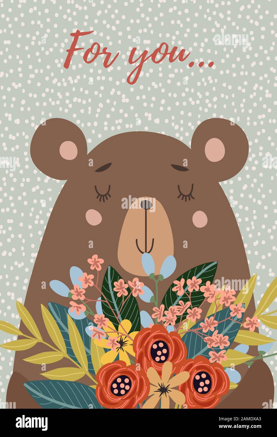 Handgezeichneter, niedlicher Gesichtsbär mit Blumenstrauß für Dekorationsdesign, Karten oder Poster. Kindlicher Vektor Stock Vektor Handgezeichneter, niedlicher Gesichtsbär mit Blumenstrauß für Dekorationsdesign, Karten oder Poster. Kindlicher Vektor Stock Vektor
