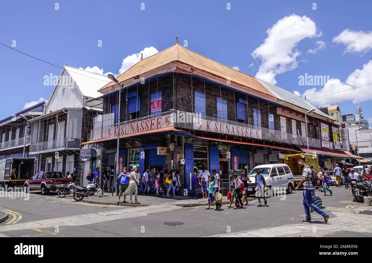 Port Louis, Mauritius - 4. Januar 2017. Stadtbild von Port Louis Dowtown auf der Insel Mauritius. Port Louis ist der kleinste Stadtteil und sicherlich die Kriegsscharen Stockfoto