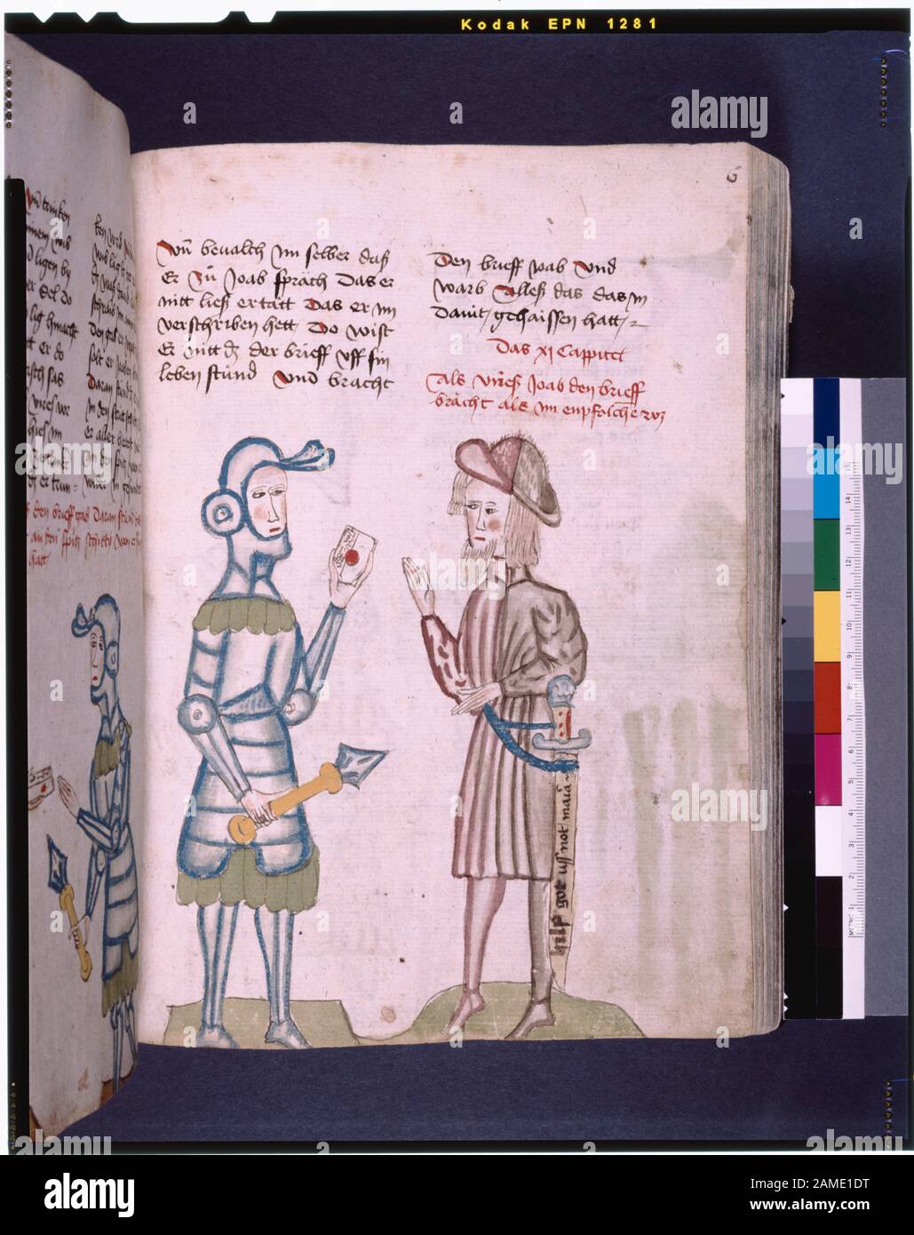 Text mit Rübrik und Platzmarkern; halbseitige Miniatur von Soldaten, die den in De Ricci, Seymour, Census of Medieval and Renaissance Manuscripts aufgeführten Brief in den Vereinigten Staaten und Kanada liefern. New York. N. Y.: H.W. Wilson, 1935; and Supplement, New York, N. Y.: Bibliographical Society of America, 1962. Eigentum: Quaritch, Im Jahre 1874. Lenox Kollektion. Etwa 180 farbige Zeichnungen, die Szenen Aus Dem Alten Testamente zeigen. Beim Öffnen des Haupttextes, Holzschnitt, das die Ankündigung zeigt. Laut einer Notiz im Dossier ist eine der Abbildungen auf 1445 datiert. Die Notiz gibt nicht an, welches Folio dies ist Stockfoto