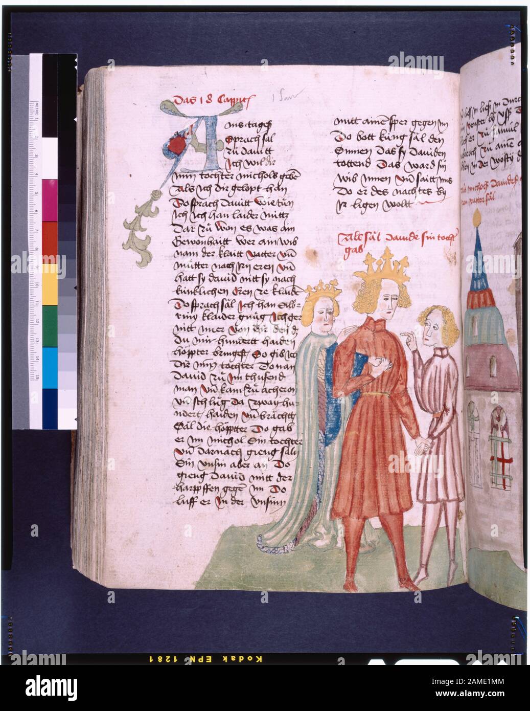 Text mit Rupien, Platzschildern, großer blauer, roter und grüner Anfangsminiatur in einer Spalte, die David als König Zeigt, Der In De Ricci, Seymour, Census of Medieval and Renaissance Manuscripts in den Vereinigten Staaten und Kanada aufgeführt ist. New York. N. Y.: H.W. Wilson, 1935; and Supplement, New York, N. Y.: Bibliographical Society of America, 1962. Eigentum: Quaritch, Im Jahre 1874. Lenox Kollektion. Etwa 180 farbige Zeichnungen, die Szenen Aus Dem Alten Testamente zeigen. Beim Öffnen des Haupttextes, Holzschnitt, das die Ankündigung zeigt. Laut einer Notiz im Dossier ist eine der Abbildungen auf 1445 datiert. Die Notiz tut nicht ich Stockfoto