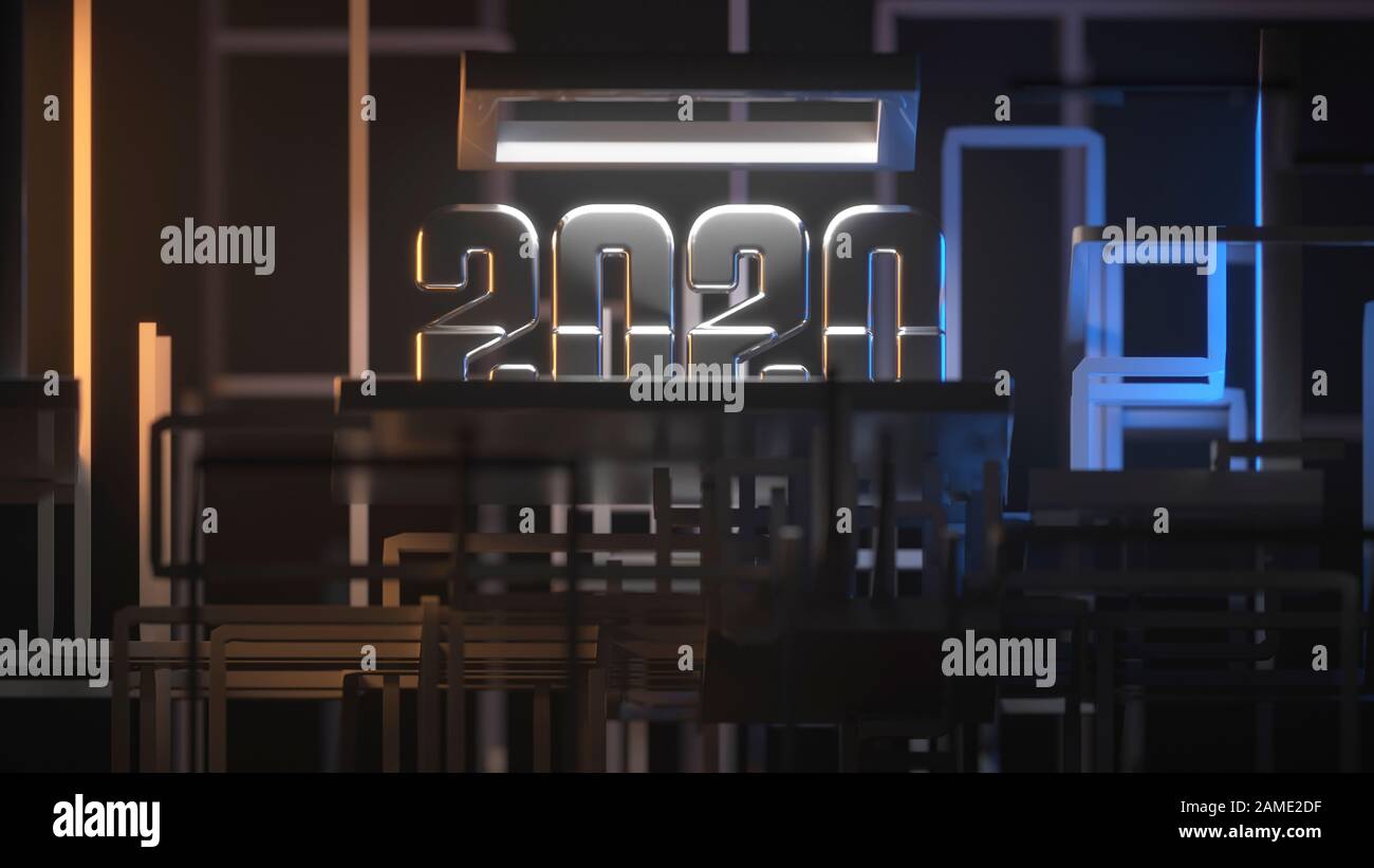 2020 Neue Jahr text Design von Stahl und umgeben Rohrnetz auf futuristische High-Tech-sonstruction Website grafik hintergrund Kommunikation Struktur Stockfoto