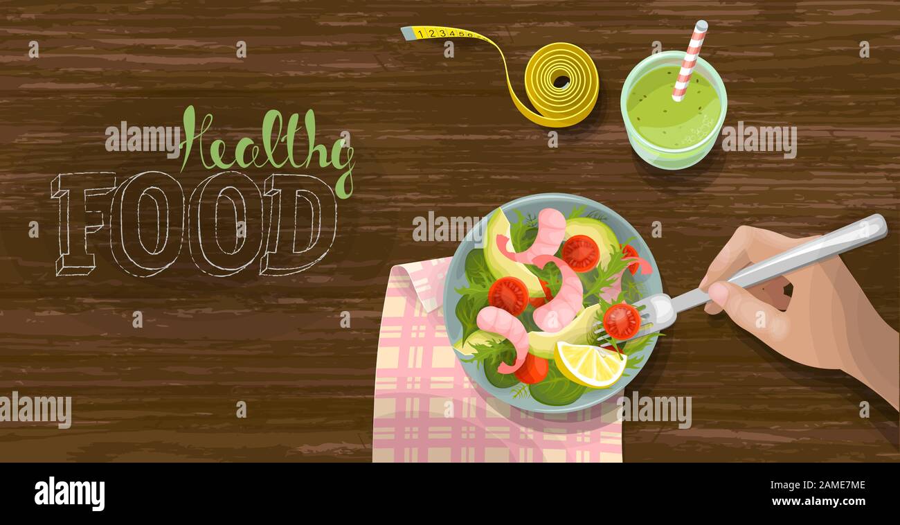 Gemüse und Garnelen frische Salatschüssel Smoothie Draufsicht. Fitness-Ration Diät-Messband. Tomaten, Avocado, Salat auf Holztisch Stock Vektor