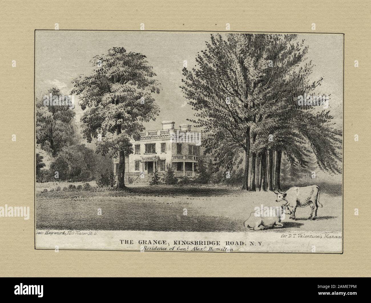 Die Grange, Kingsbridge Road, NY, Residenz von Gen Alex Hamilton Druckerherstellern sind Asher B. Durand, Henry Bryan Hall, George Hayward, J.B. Longacre, Max Rosenthal. Zu den Zeichnern gehört David McNeely Stauffer. Titel aus dem Kalender der Emmet Collection. Citation/Referenz: EM680; The Grange, Kingsbridge Road, N. Y., Residenz von Gen. Alex. Hamilton. Stockfoto