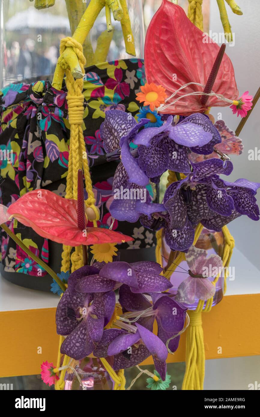 Zusammensetzung aus purpurner Orchidee und rotem Anthurium Stockfoto