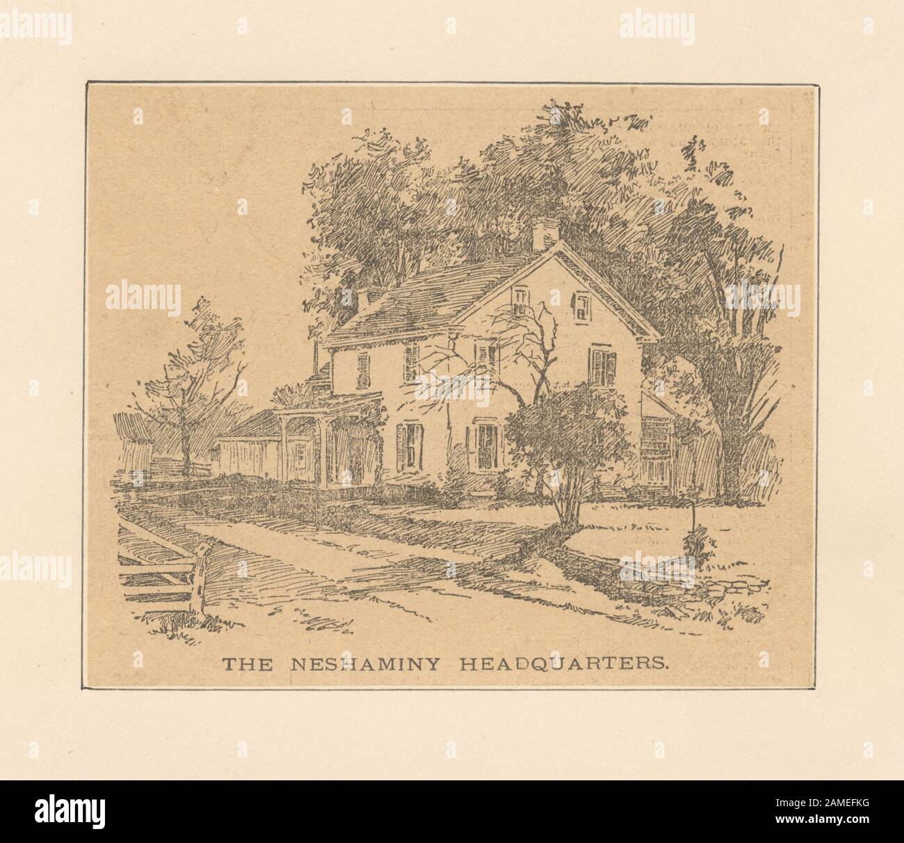 Zu den Druckereiunternehmen des Hauptquartiers Neshaminy gehören Asher Brown Durand, Henry Bryan Hall, Albert Rosenthal & Max Rosenthal. Titel aus dem Kalender der Emmet Collection. EM9230; Die Zentrale von Neshaminy Stockfoto