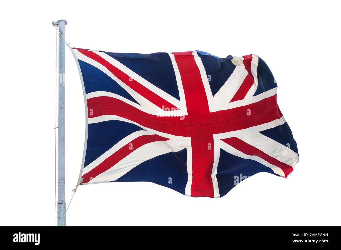 Britische Flagge auf pol. isoliertem weißem Hintergrund Stockfoto