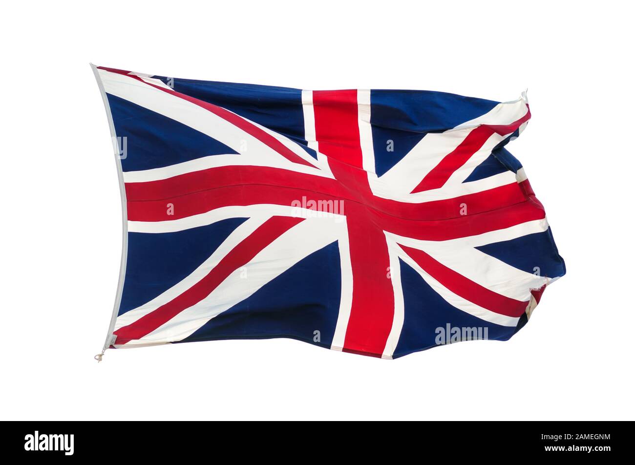 Jack, die britische Flagge, winkte in Wind isoliert auf weißem Hintergrund Stockfoto