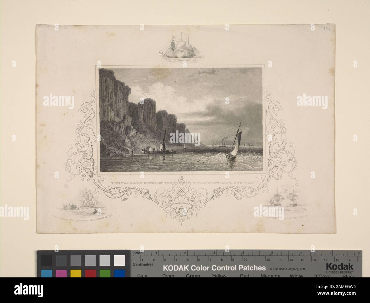 Die Palisade liegt auf dem Hudson River, Westufer, New York Citation/Reference: ENO 484 Diese Platte erscheint in Geschichte und Topografie der Vereinigten Staaten, bearbeitet von J. H. Hinton, Philadelphia, im Jahre 182, gegenüber S. 492, ohne ornamentale Grenze und Vignetten und mit Aufschrift: Gezeichnet von G. Oakley, Esqr. , eingraviert und gedruckt von Fenner Sears & Co.; London, veröffentlicht am 1. Mai 1831 von J. T. Hinton & Simpkin & Marshall. Das gleiche Design wird in der größeren Platte verwendet, die von G. Oakley gezeichnet und von T. Illman eingraviert wurde. . .veröffentlicht in J. H. Hintons Geschichte und Topografie der Vereinigten Staaten von Amerika, Boston, 1834, Stockfoto