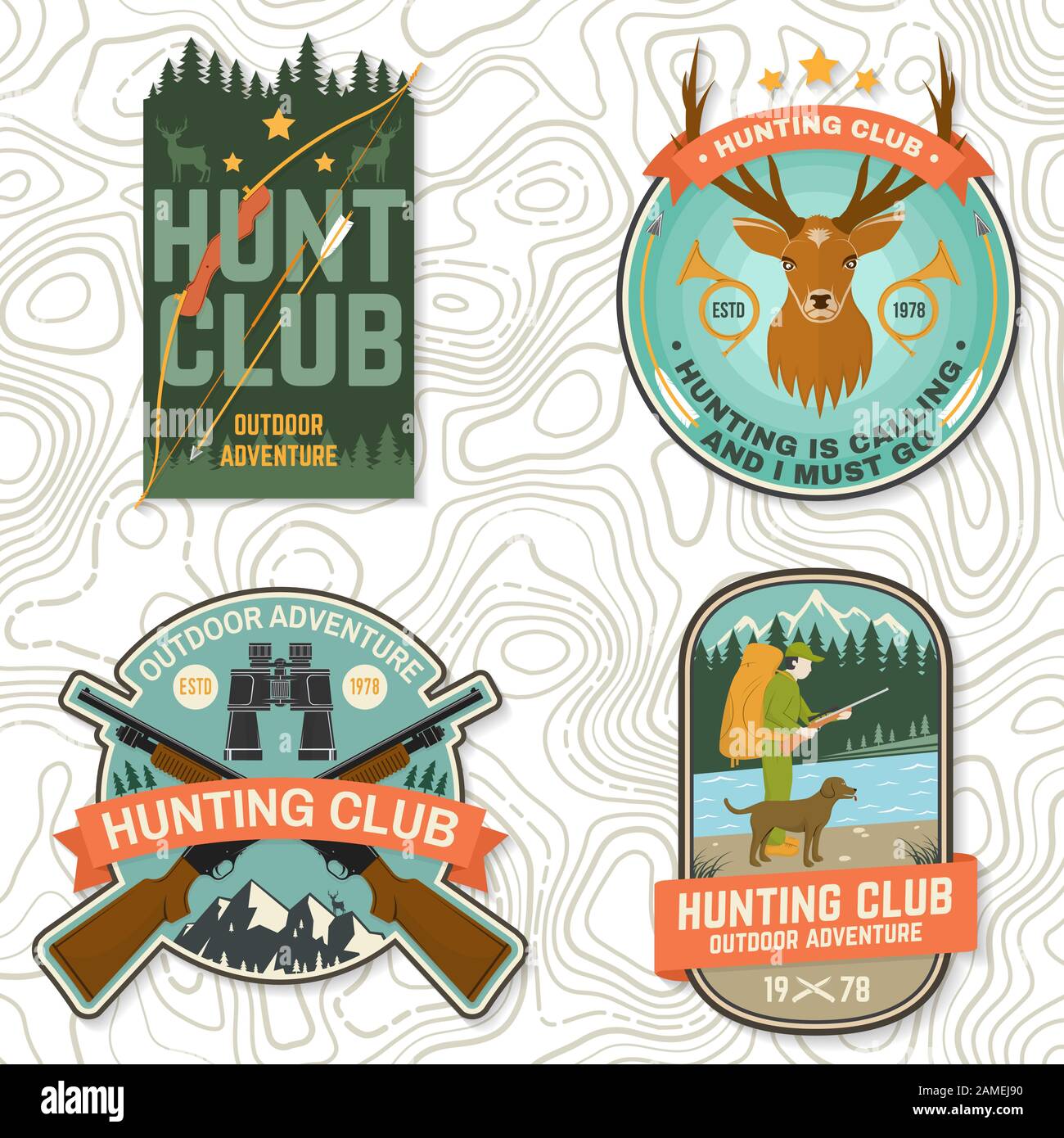 Einstellen der Jagd club Abzeichen. Vektor Konzept für T-Shirt, Aufkleber, Druck, Stempel, Patch. Vintage Typografie Design mit Jagd Gewehr, Wildschwein, Jäger, Bären, Hirsche, die Berge und den Wald. Hunt Club Emblem Stock Vektor