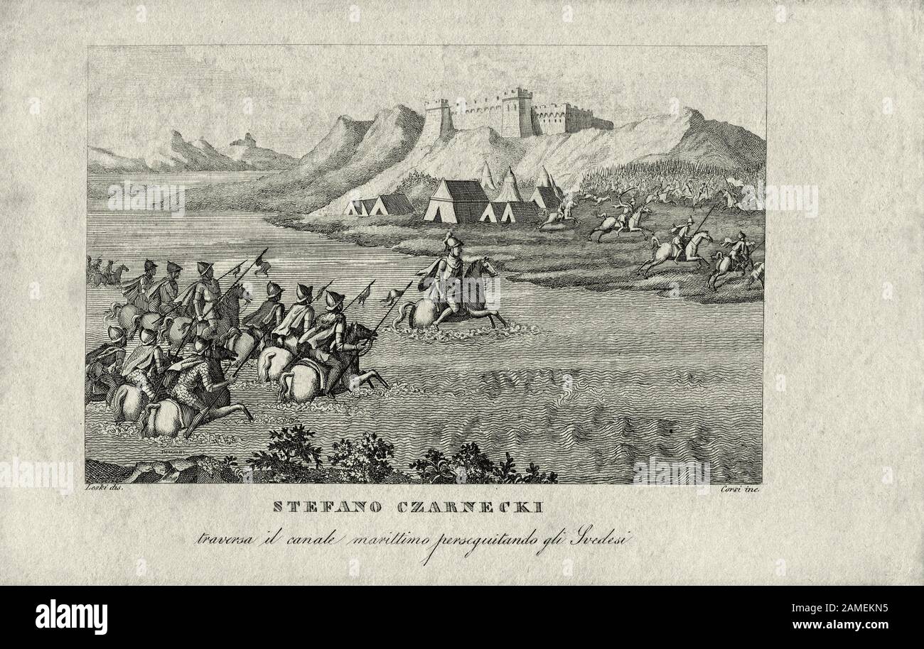 Gravur der Schlacht von Warka, die 1656 stattfand, der ersten siegreichen Schlacht der Krontruppen mit den Schweden während der Flut, aber winkt Stockfoto
