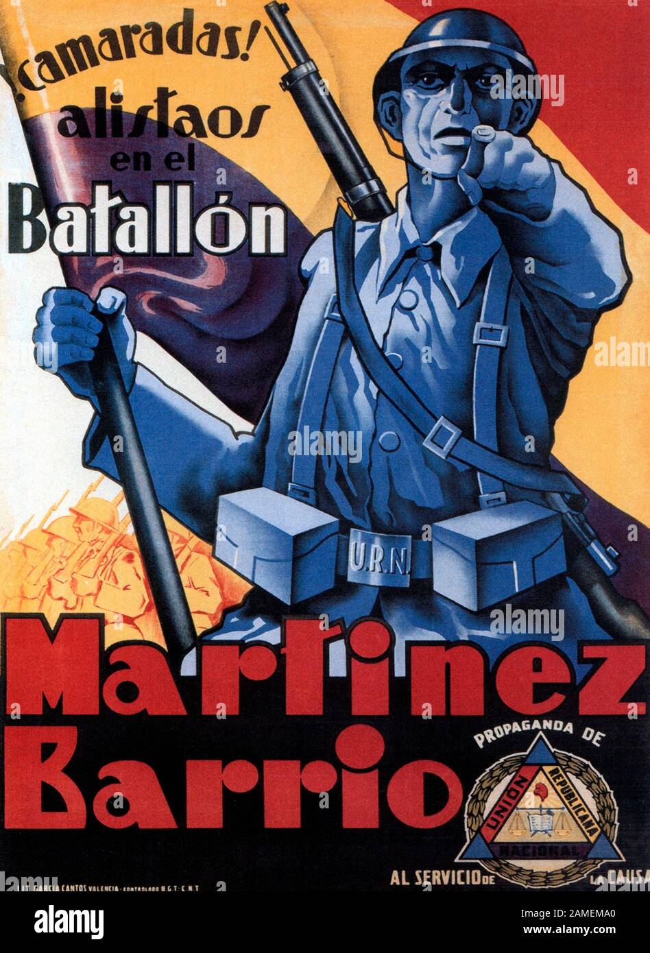 Spanisches republikanisches Propagandaplakat: Kameraden führen sich im Bataillon von Marinez Barrio ein. 1937 Stockfoto