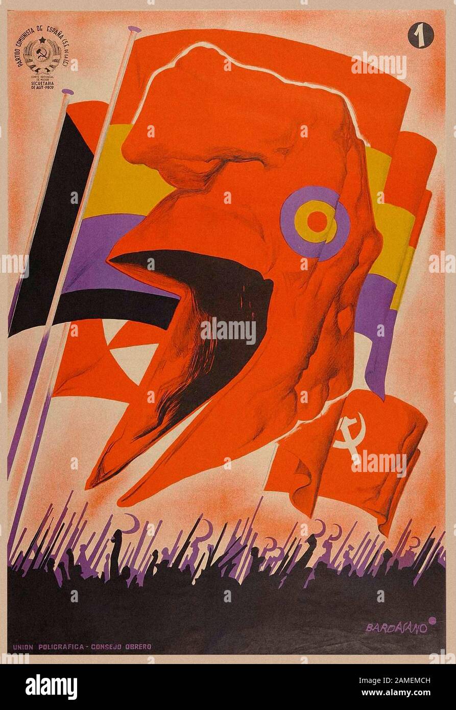 Plakat der spanischen Republikaner in ihrem Kampf gegen eine Revolte der Nationalisten, eine Allianz der Falangisten, Monarchisten, Konservative und Katholiken. Stockfoto