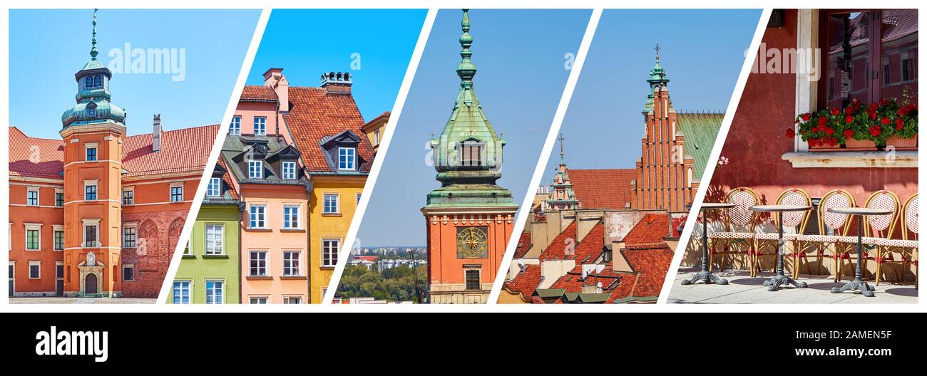 Aktions-Cover für Reiseartikel zum Besuch in Warschau, Polen mit 5 Bildern. Stockfoto