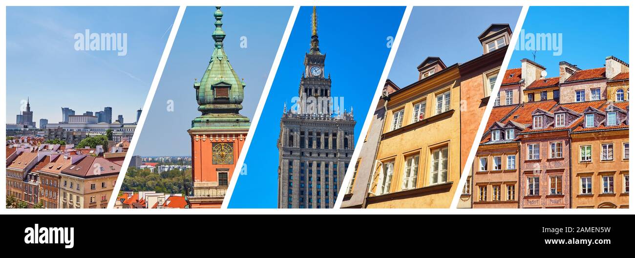 Horizontales Banner mit einer Collage von 5 Bildern der Sehenswürdigkeiten von Warschau, Polen Stockfoto