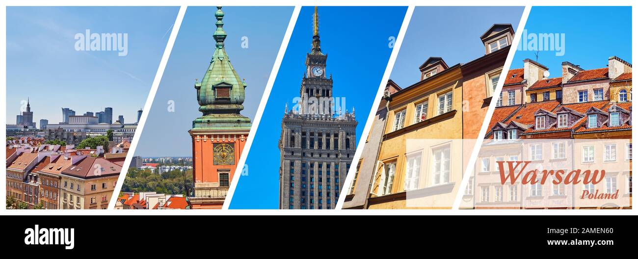 Aktions-Cover für Reiseartikel zum Besuch in Warschau, Polen mit 5 Bildern. Stockfoto