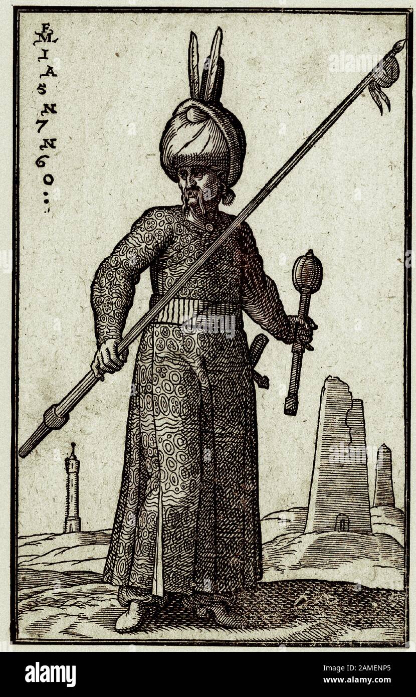 Die Geschichte des Osmanenreiches. Ein Grenzsoldat hält eine lange Lanze in der rechten Hand und einen Mass in der linken Hand; zwei weiße Federn an seiner Turba Stockfoto