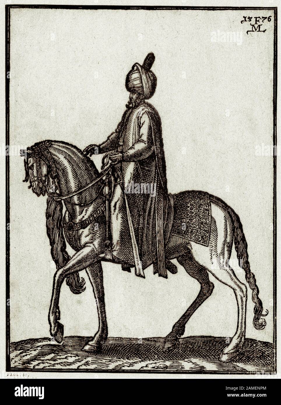Die Geschichte des Osmanenreiches. Ein Gouverneur (Beglerbeg); zu Pferd im Profil nach links; mit langem Mantel und Turban. Von Melchior Lorck. 1570-1583 Stockfoto